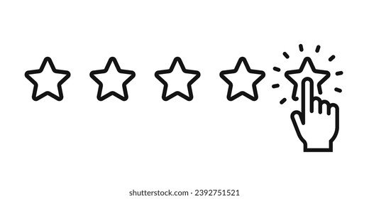 Hand five stars rating line symbol. Feedback five stars. Human hands put rating 5 star. Classification and user feedback concept. Five stars quality rating icon