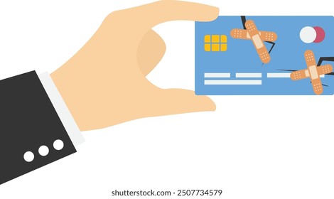 Mano con tarjeta de crédito fija y reparada con vendaje. Recuperarse de un error financiero. Ilustración vectorial plana

