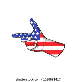 Hand with flag of America, one way finger, vector realistic sketch hand drawn illustration isolated on white background