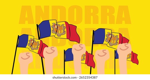 hand with flag of the Andorra or Andorra independence day vector illustration of Andorra flag with yellow background banner or greeting card