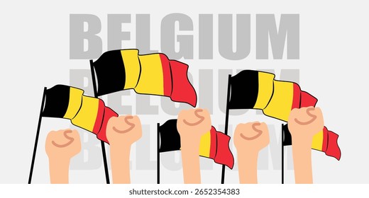 mão com bandeira da Bélgica ou Bélgica independência dia vetor ilustração da Bélgica bandeira com fundo cinza banner ou cartão de saudação