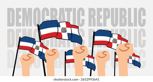 mano con bandera de la República Democrática o Día de la Independencia de la República Democrática Ilustración vectorial de la República Democrática con Anuncio de fondo gris o tarjeta de felicitación