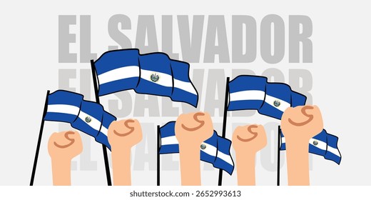 mão com bandeira do El Salvador ou El Salvador dia da independência vetor ilustração de El Salvador bandeira com fundo cinza banner ou cartão de saudação