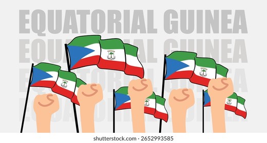 mão com bandeira da Guiné Equatorial ou Guiné Equatorial dia de independência vetor ilustração da bandeira da Guiné Equatorial com fundo cinza banner ou cartão de saudação