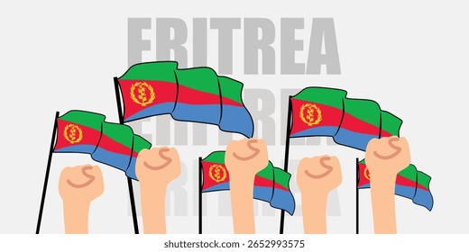 hand with flag of the Eritrea or Eritrea independence day vector illustration of Eritrea flag with gray background banner or greeting card - Powered by Shutterstock - Get 15% off with code: PIKWIZARD15