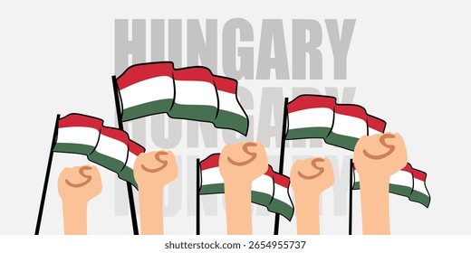 mão com bandeira da Hungria ou Hungria ilustração do vetor do dia da independência da Hungria bandeira com fundo cinza banner ou cartão de saudação