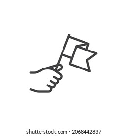 Hand with flag line icon. linear style sign for mobile concept and web design. Hand Holding Flag outline vector icon. Achievement symbol, logo illustration. Vector graphics