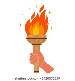 Hand with flaming torch. Burning torch flame in hand. Symbols of relay race, competition victory. Vector illustration.
