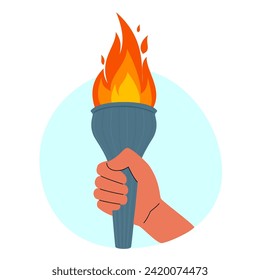 Mano con antorcha encendida. Llama la antorcha quemando en la mano. Símbolos de la carrera de relevos, victoria de la competencia. Ilustración vectorial.