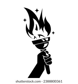 Hand with flaming torch. Sports concept victory. Winner holding golden torch in hand. Vector illustration flat design. Isolated on white background. Symbol of big games, black icon.