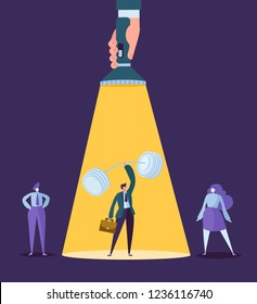Hand with Flashlight Pointing at Businessman Character with Barbell. Recruitment, Leadership Concept, Human Resources. Vector illustration