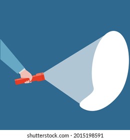 hand with a flashlight shines, illuminates, finds something, vector illustration
