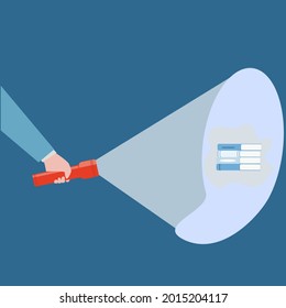 hand with a flashlight shining on books, search for knowledge, desire to learn a symbol, emblem vector illustration
