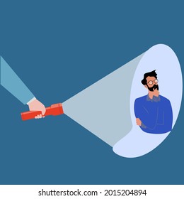 hand with flashlight shining on man, search for thoughts, creative people, vector illustration
