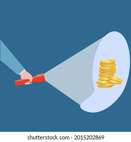 mano con una linterna que brilla sobre el dinero, busca fondos, símbolo, emblema
