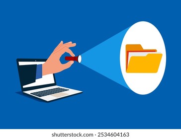 Hand with flashlight uncovering digital folder. Modern vector illustration in flat style