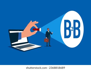 Hand with flashlight uncovering hidden business B2B concept. Vector illustration in flat style