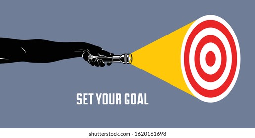 Hand with flashlight vector concept trendy illustration, with target set your goal, highlighting searching and discovering.