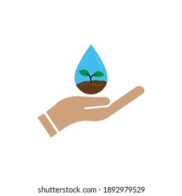 Hand flat icon with water drop and plant. simple design editable. Design template vector