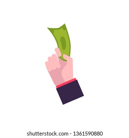 Hand in flat style holds paper dollar, banknote, cash. Paper banknote in hand as a stage and element of money evolution, vector illustration.