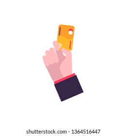 Hand in flat style holds plastic credit card. Plastic credit card in hand as a stage and element of money evolution, vector illustration.
