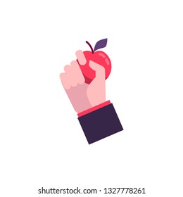 Hand in flat style holds a red fresh apple. Organic eco element, food, fruit. Metaphor of barter and exchange, isolated vector illustration on white background.