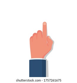 Hand in a flat style touches the surface. Touch icon. Index finger touches the monitor, template for web and print. Vector illustration flat design. Isolated on white background.