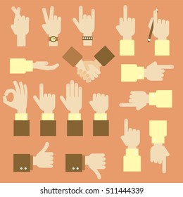 Hand flat vector design set with okay gesture, directions, like and dislike