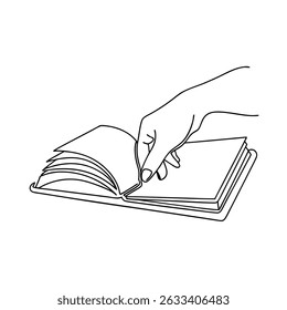 Hand flipping through pages of an open book in a simple black and white illustration