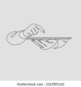 hojeando a mano tableta, medios sociales e internet. dibujo de línea única de negocio
