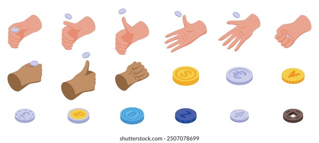 Hand flips coin icons set. This image showcases various hand gestures interacting with diverse global currencies, symbolizing financial decisions and transactions