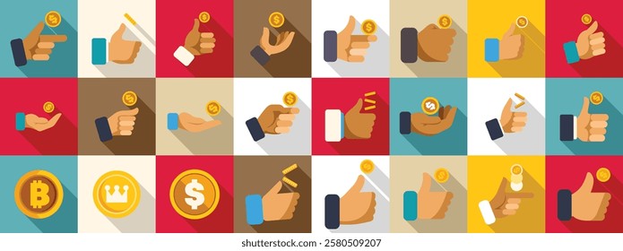  Hand flips coin icons set. Various hand gestures interacting with money, including holding, showing, pointing, and giving thumbs up, representing financial concepts