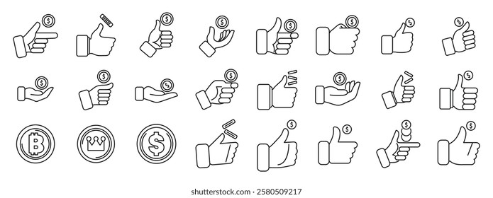  Hand flips coin icons set. Collection of hand gestures interacting with coins and currency symbols, representing financial transactions, investments, and online payments