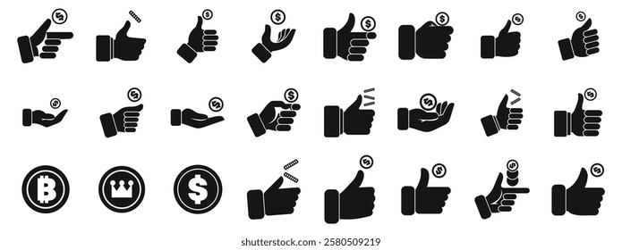  Hand flips coin icons set. Business people making hand gestures interacting with money, including holding, pointing, giving, and gesturing with bitcoin and dollar coins