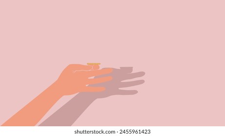 Hand flips coin isolated as concept heads or tails, flat vector stock illustration for design