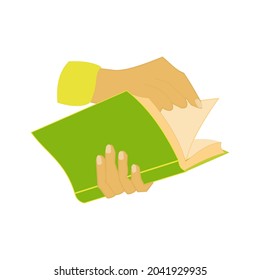 Hand flips through pages in a book Flat vector illustration on white background