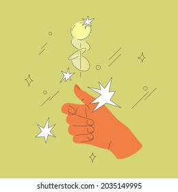 Hand flips or toss coin vector illustration isolated on a green background. Contemporary comic design. Making decision concept. svg
