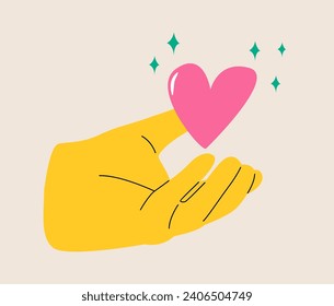 Hand and a floating heart. The concept of charity, donation, or volunteering. Colorful vector illustration
