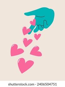 Hand and a floating heart. The concept of charity, donation, or volunteering. Colorful vector illustration
