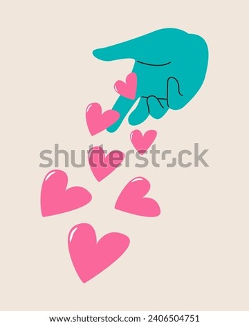 Hand and a floating heart. The concept of charity, donation, or volunteering. Colorful vector illustration
