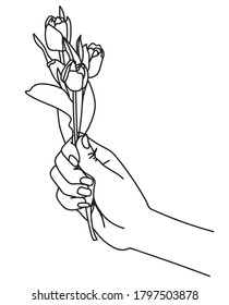 
Hand with a flower. Bouquet of tulips. Drawing one line.