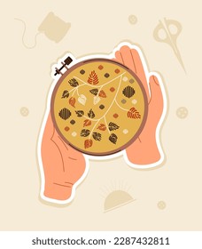 Mano con el concepto de bordado floral. Carácter sosteniendo pedazos redondos de tela con hojas y árboles bordados, bosque. Plantilla, disposición y burla. Dibujo vectorial plano de dibujos animados