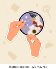 Hand with flower embroidery concept. Womens hands hold needle, thread and piece of fabric. Atelier and seamstress at work. Poster or banner for website. Cartoon flat vector illustration