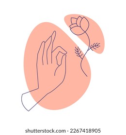 Hand with flower. Esoteric symbol. Hand drawn linear. Esoteric symbol. Hand drawn linear vector illustration