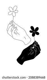 Hand with flower gesture black and line silhouettes isolated on white background. Vector illustration. Peace offering, kindness, be nice design.