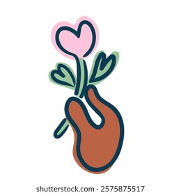 hand with flower heart shape in doodle style for decoration.Vector flat illustration for Valentine's day postcards poster sticker logo