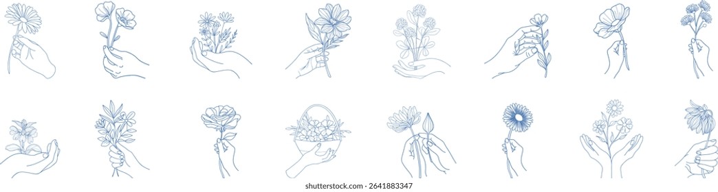Hand and Flower Line Art Set – Elegant Minimal Blue Illustrations of Hands Holding Blooms for Botanical, Feminine Branding, Tattoo Designs, Wellness Art, and Nature-Inspired Clipart