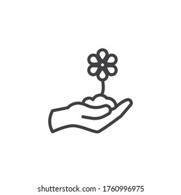 Hand with flower line icon. linear style sign for mobile concept and web design. Hand grow flower outline vector icon. Ecology symbol, logo illustration. Vector graphics
