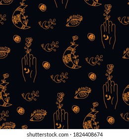 Hand with flower and moon astrology concept seamless pattern in vector.