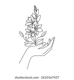 Hand with Flower One Line Art Beauty Drawing. Minimalistic Simple Linear Illustration of Female Hand with Flower. Hand Holds Flower One Line Art for Manicure Salon Studio, Spa, Beauty Design. Not AI